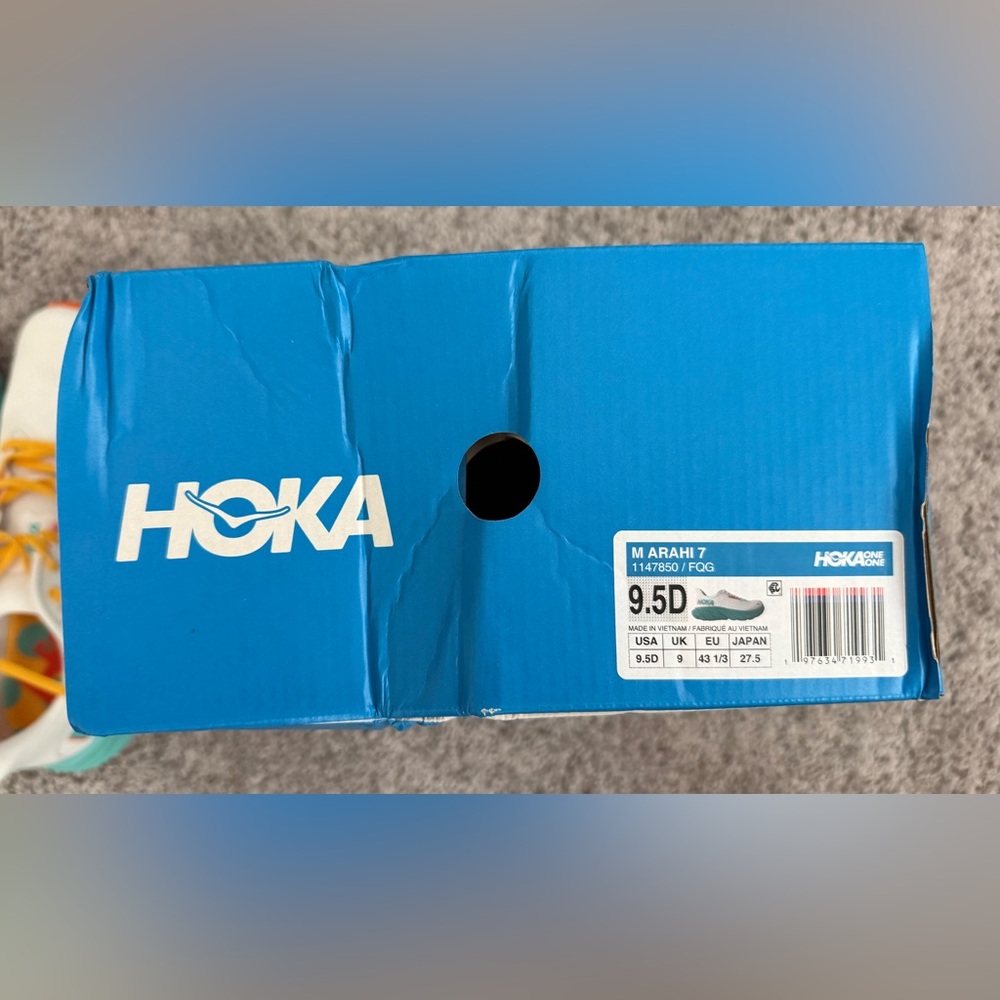 HOKA Arahi 7 - Men’s 9.5 D - white with bright accents, yellow insoles - Picture 9 of 10